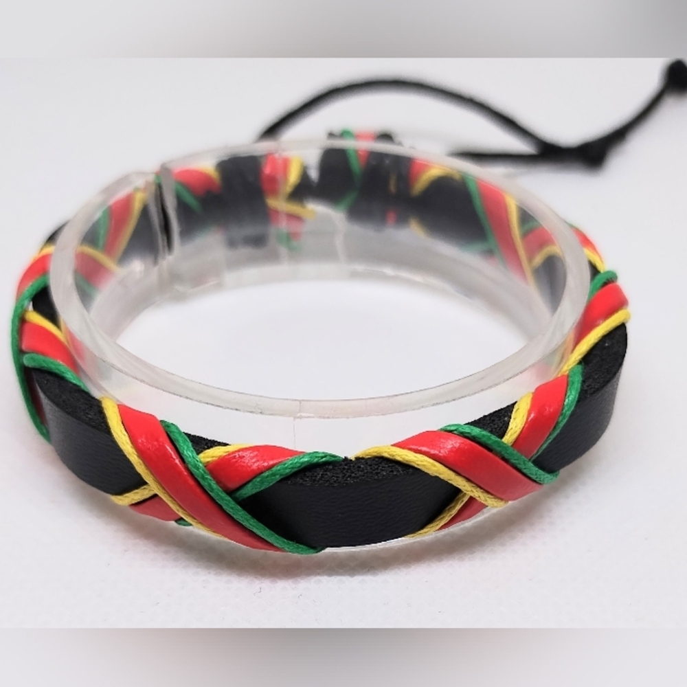 Men's Bracelet Leather Braided Black Rainbow New F69